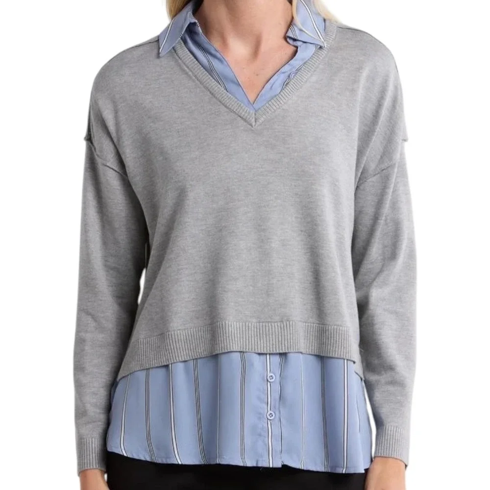 Adrianna Papell Womens 2-in-1 Mixed Media Layered Sweater Top Gray Blue Size 2X - Picture 1 of 14
